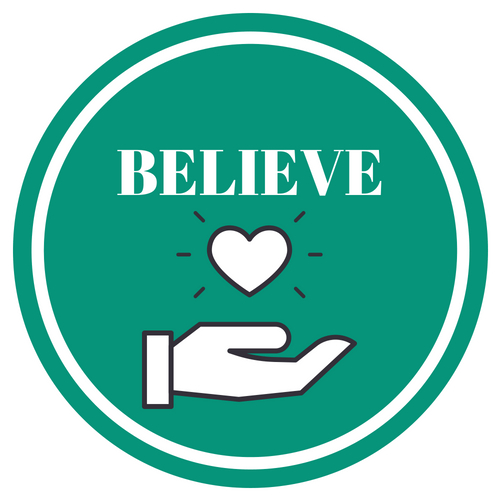 "Believe" with hand holding a heart icon. Belief, support for rape, dating violence, etc.