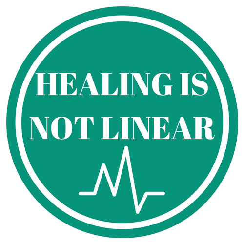 "Healing is Not Linear", medical heart EKG line, healing for sexual assault, rape, stalking for UCSC students
